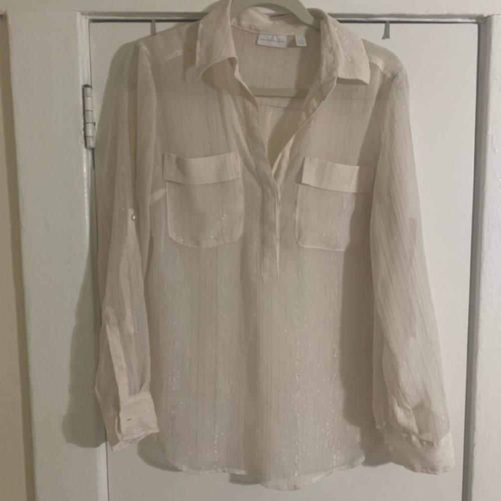 New York & Company Cream Sheer PinStripe Top Small